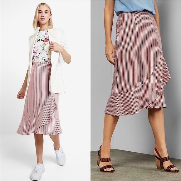 NWT TED BAKER Stripe Asymmetric Ruffle Faux
Wrap Flounce Hem Midi Pencil Skirt 6 - Picture 1 of 12